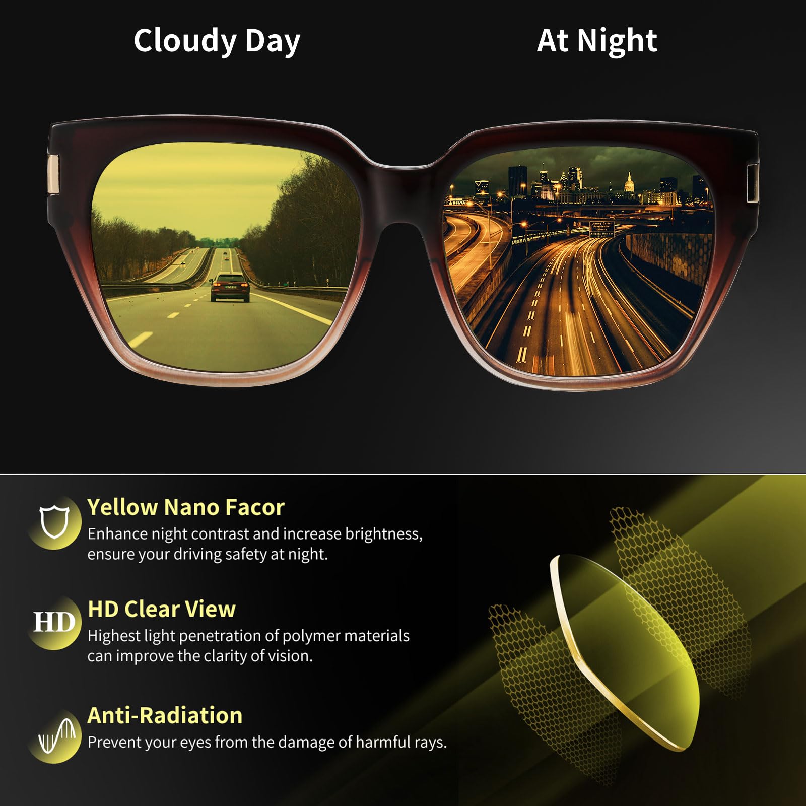 HAOLOTA Square Fit over Night Vision Driving Glasses NV0512