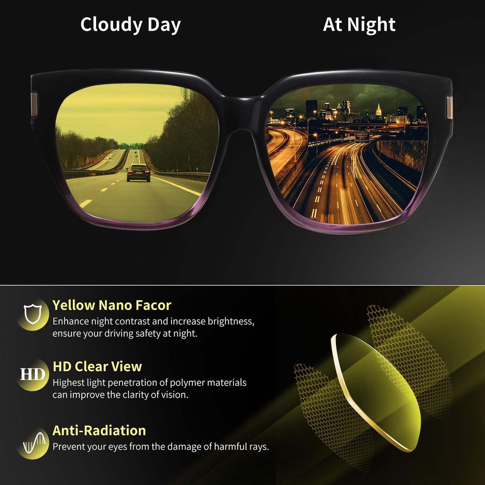 HAOLOTA Square Fit over Night Vision Driving Glasses NV0512